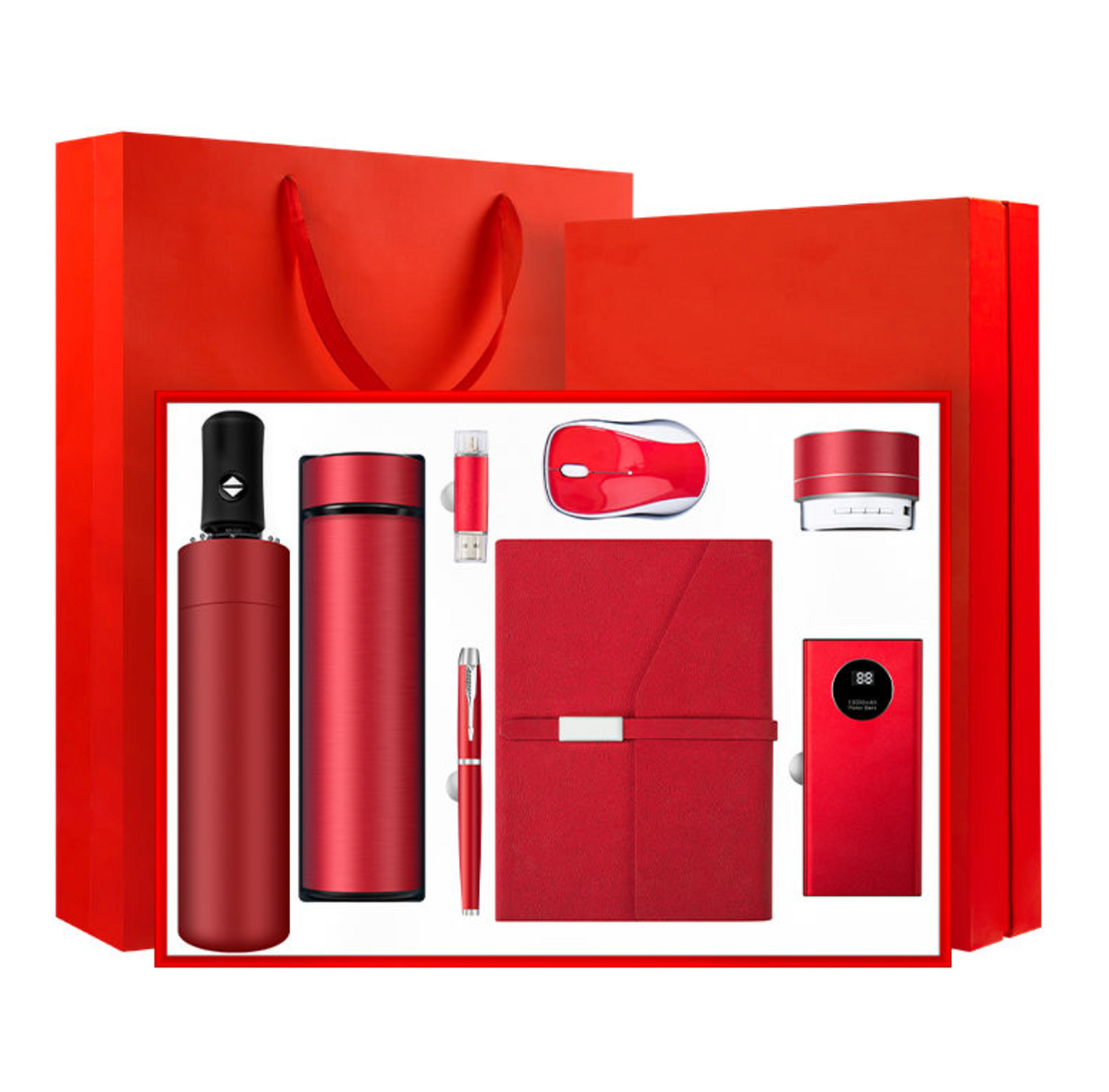 Smart Gadget Gift Set – 10000mAh Power Bank, Notebook Speaker, Automatic Umbrella, Pen, Mouse, Vacuum Flask & 16GB USB
