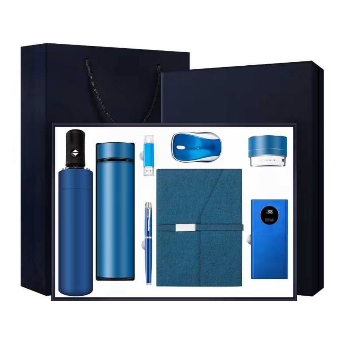 Smart Gadget Gift Set – 10000mAh Power Bank, Notebook Speaker, Automatic Umbrella, Pen, Mouse, Vacuum Flask & 16GB USB