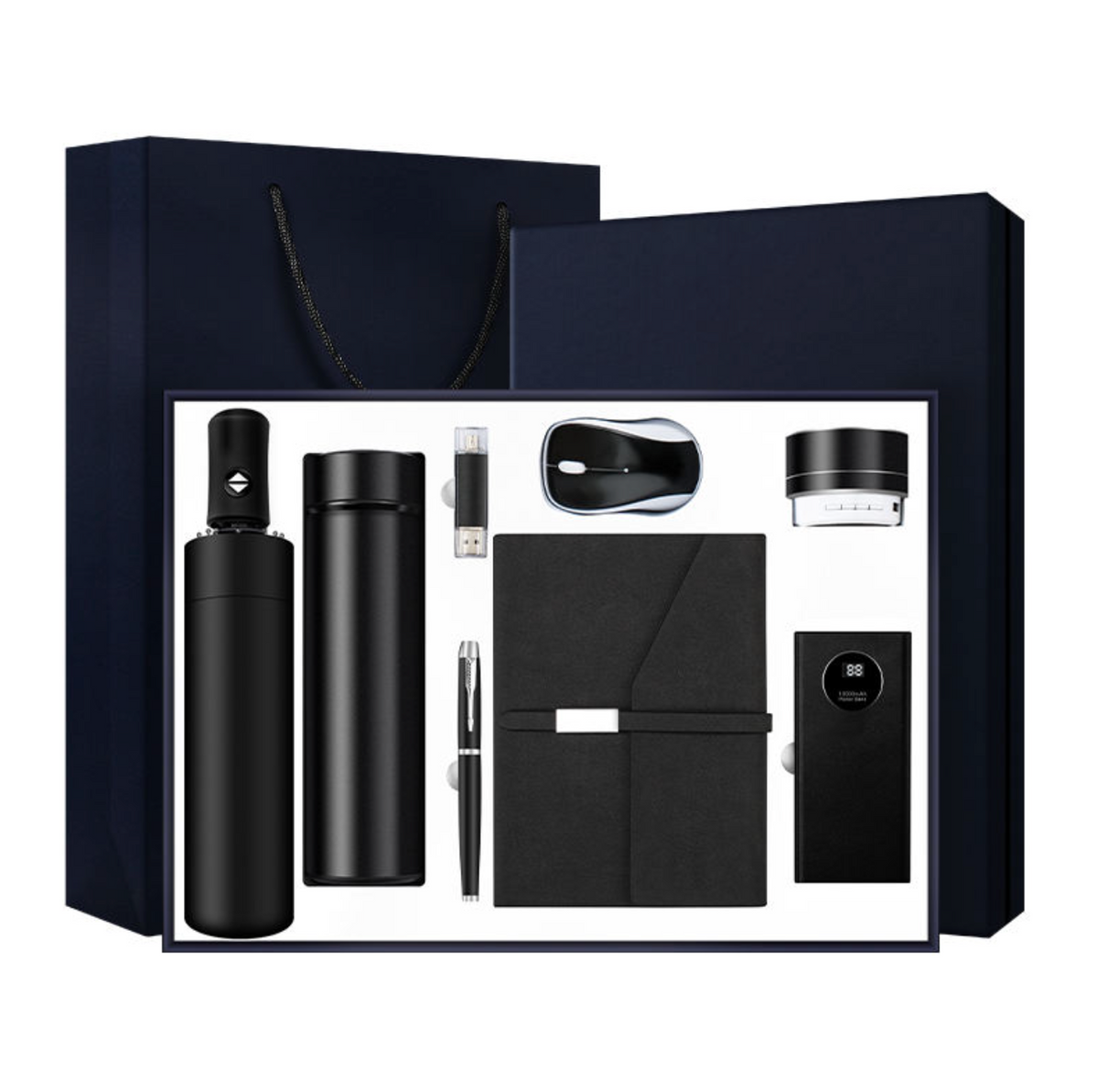 Smart Gadget Gift Set – 10000mAh Power Bank, Notebook Speaker, Automatic Umbrella, Pen, Mouse, Vacuum Flask & 16GB USB