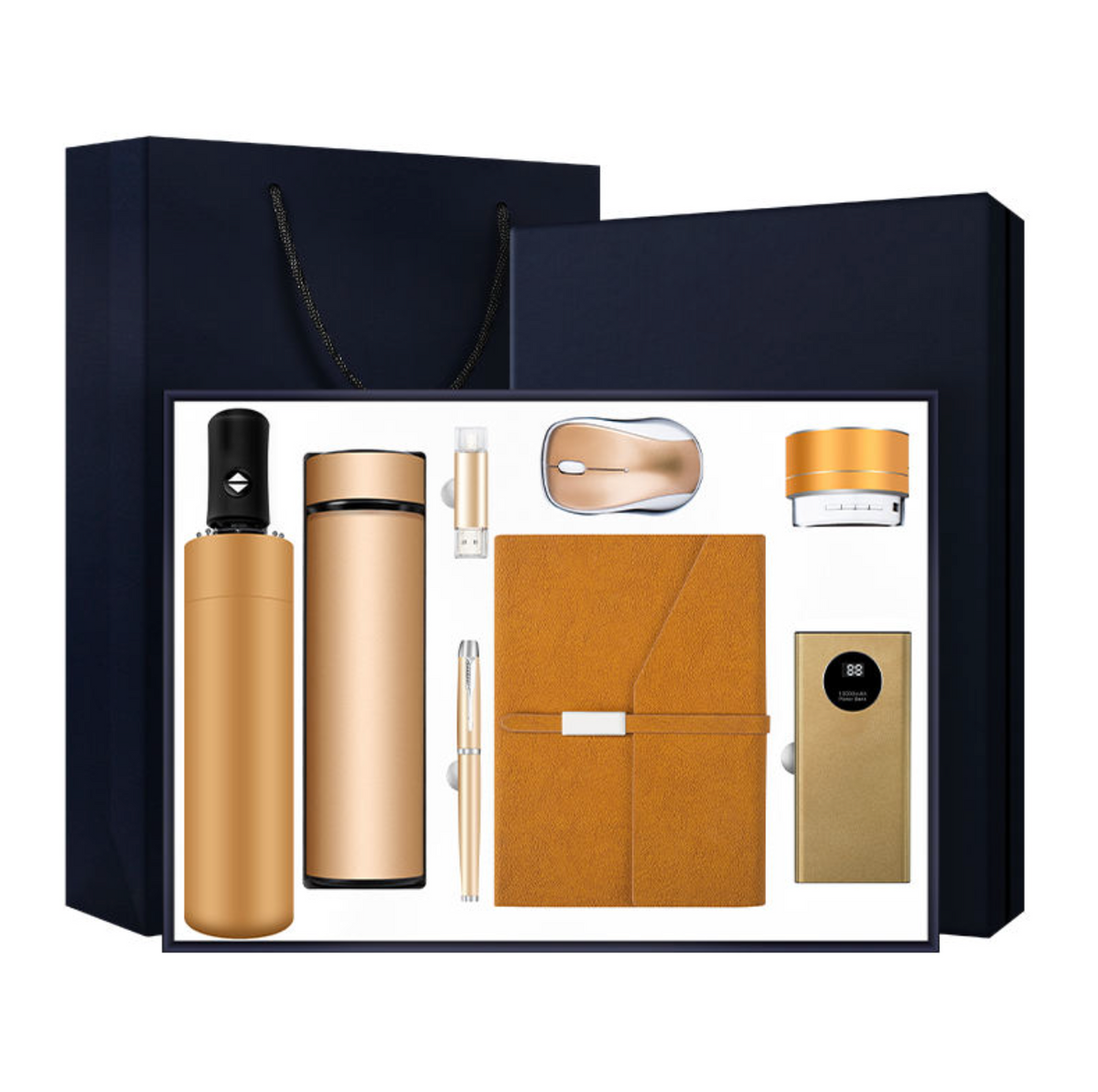 Smart Gadget Gift Set – 10000mAh Power Bank, Notebook Speaker, Automatic Umbrella, Pen, Mouse, Vacuum Flask & 16GB USB